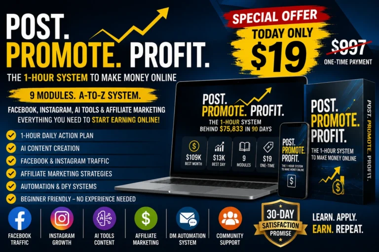 Post Promote Profit digital marketing course showing affiliate marketing training with AI content creation, Facebook traffic, Instagram growth, and automation system