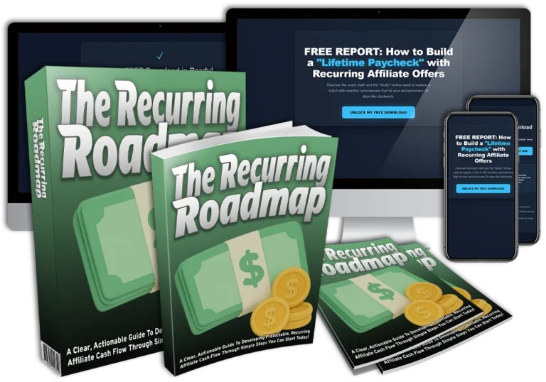The Recurring Roadmap PLR package showing done for you lead magnet funnel, ebook, landing pages, and email list building system