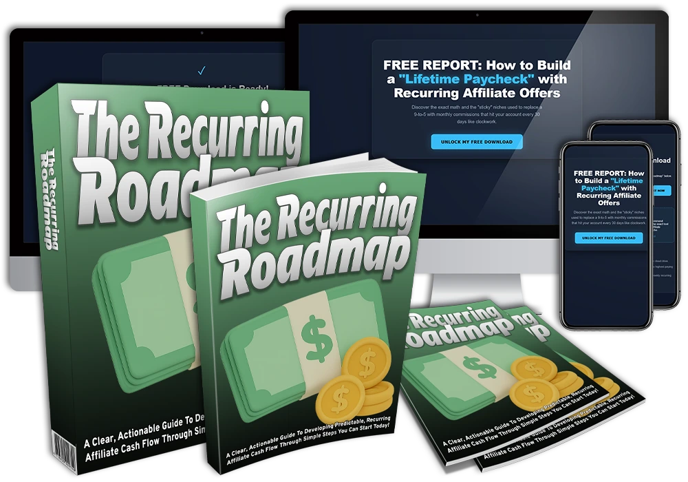 The Recurring Roadmap PLR package showing done for you lead magnet funnel, ebook, landing pages, and email list building system