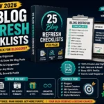 25 Blog Refresh Checklists for More Visitors PLR review featuring editable SEO checklists for updating blog posts, improving search rankings, and increasing website traffic