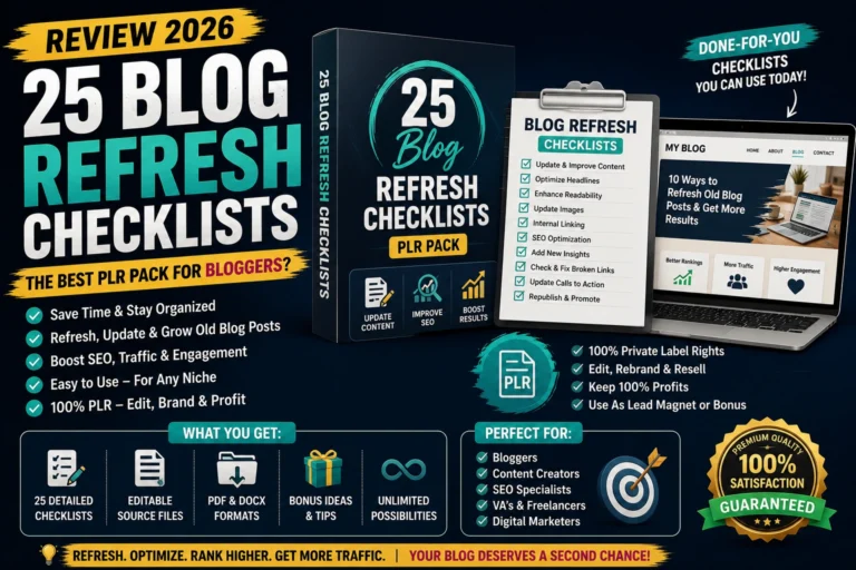 25 Blog Refresh Checklists for More Visitors PLR review featuring editable SEO checklists for updating blog posts, improving search rankings, and increasing website traffic