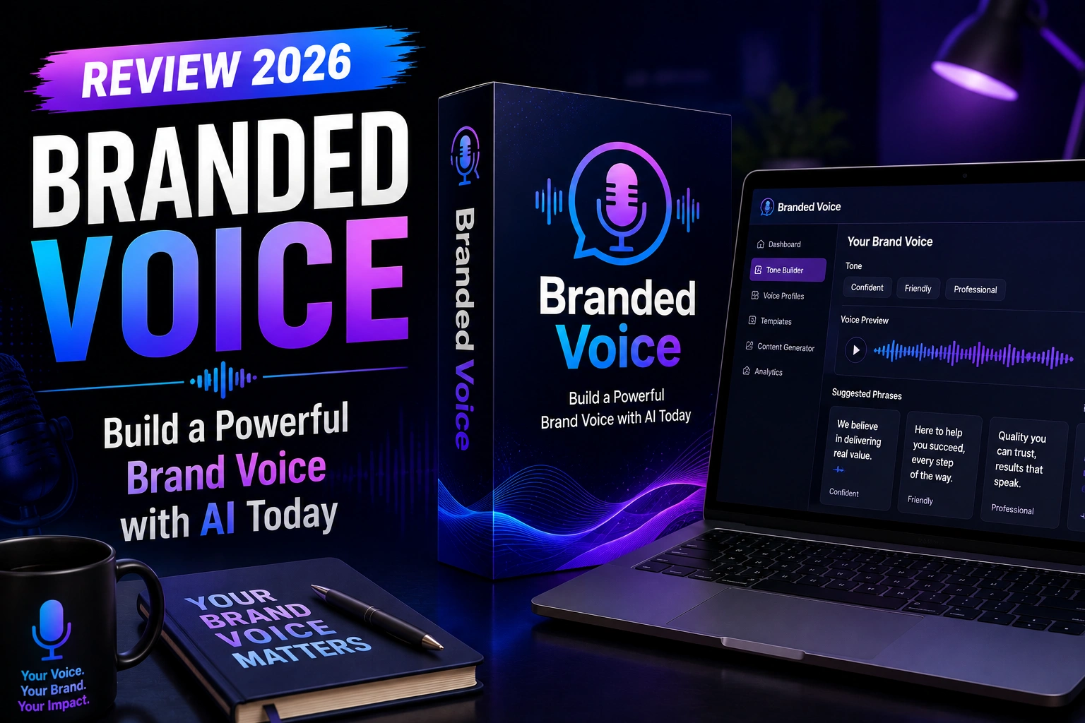 Branded Voice review showcasing an AI-powered content creation tool that generates blog posts, emails, social media content, and marketing copy in a consistent brand voice