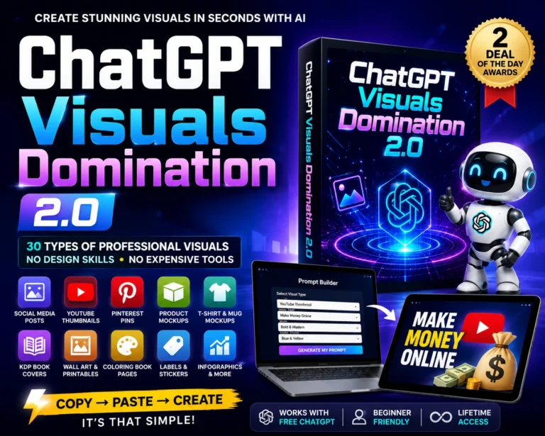 Featured image for ChatGPT Visuals Domination 2.0 showing AI-powered visual creation software, product box, robot mascot, and examples of thumbnails, mockups, infographics, and social media graphics.