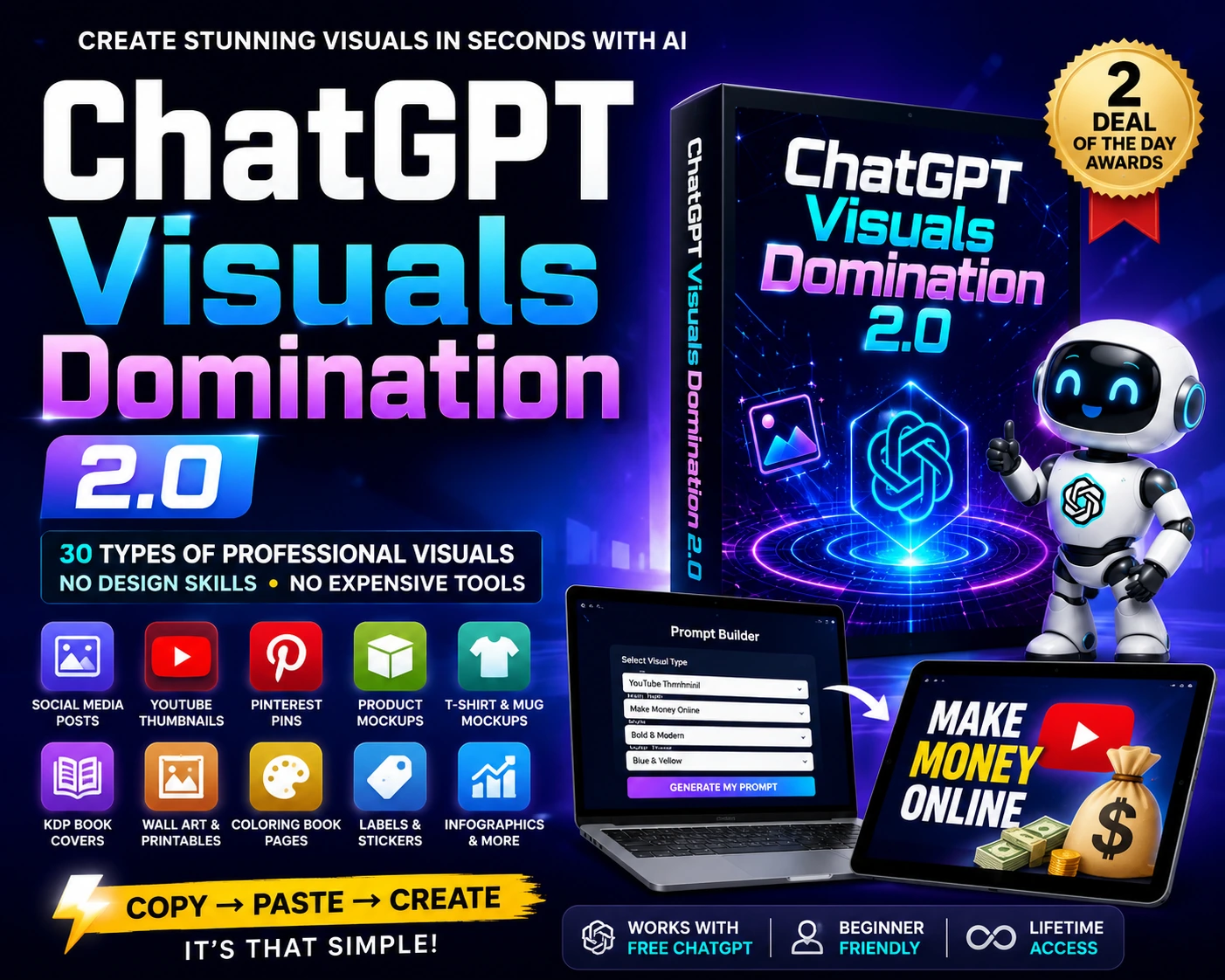Featured image for ChatGPT Visuals Domination 2.0 showing AI-powered visual creation software, product box, robot mascot, and examples of thumbnails, mockups, infographics, and social media graphics.