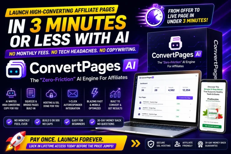 ConvertPages AI featured image showing an AI-powered landing page builder that helps affiliate marketers create high-converting squeeze pages, bridge pages, and sales pages without coding.