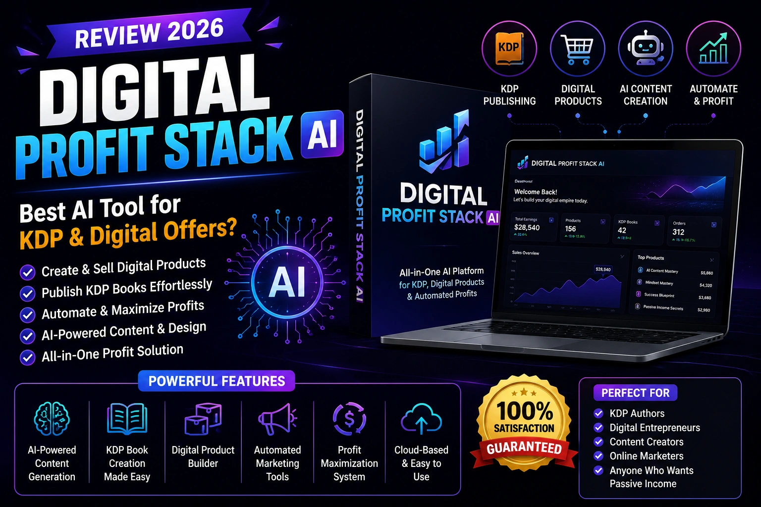 Digital Profit Stack AI review showing an AI-powered platform for creating marketing assets, digital products, and promotional campaigns