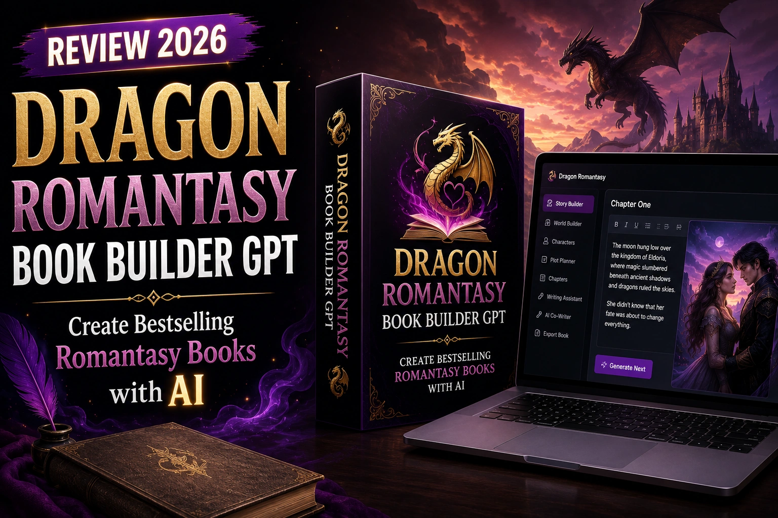 Dragon Romantasy Book Builder GPT review featuring an AI-powered writing assistant for creating dragon romance novels, fantasy worlds, and engaging storylines