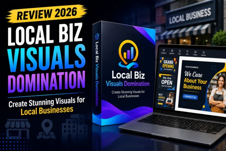 Local Biz Visuals Domination review showcasing a visual marketing training program for creating social media graphics, promotional designs, and branding assets for local businesses
