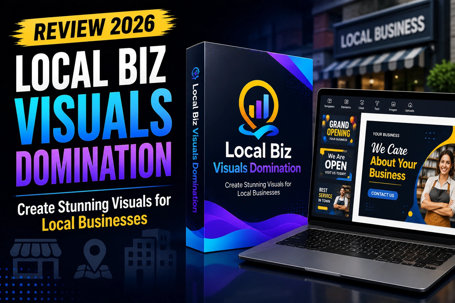 Local Biz Visuals Domination review showcasing a visual marketing training program for creating social media graphics, promotional designs, and branding assets for local businesses
