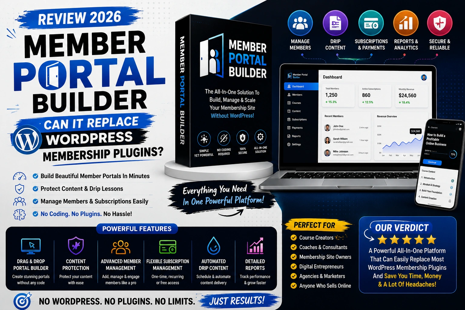 Member Portal Builder review showcasing a secure membership platform for online courses, digital products, coaching programs, and exclusive content