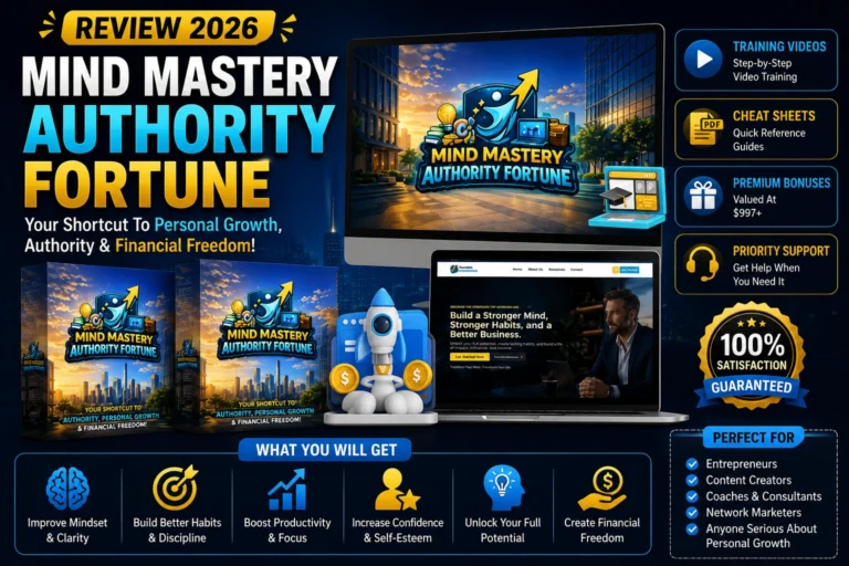Mind Mastery Authority Fortune Review featuring editable PLR mindset content, self-improvement resources, and digital products for online businesses