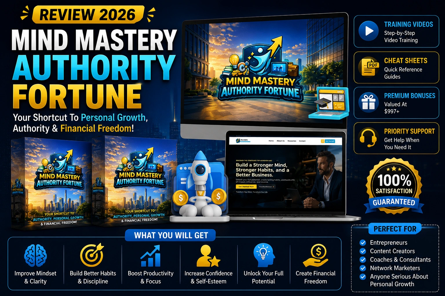 Mind Mastery Authority Fortune Review featuring editable PLR mindset content, self-improvement resources, and digital products for online businesses