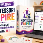 Montessori Empire review featuring an AI-powered collection of prompts for creating Montessori printables, worksheets, flashcards, and educational resources for Etsy and Amazon KDP