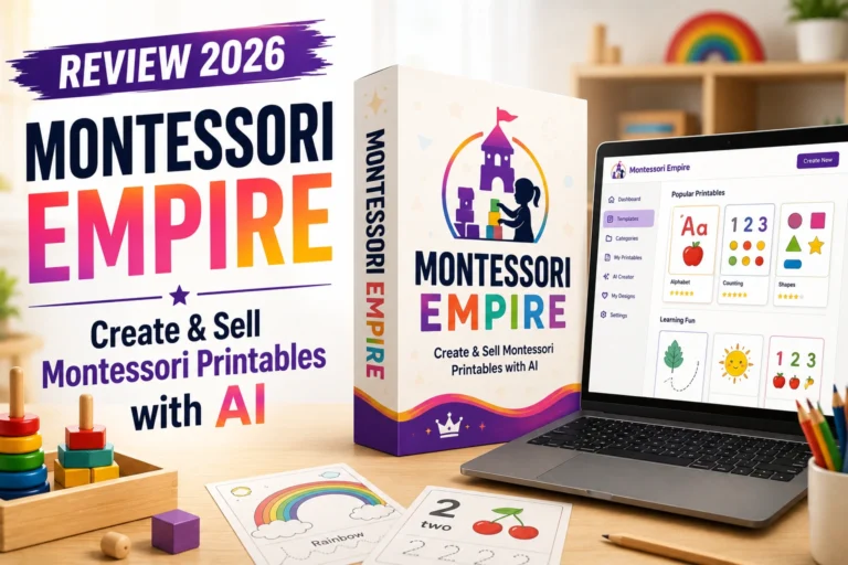 Montessori Empire review featuring an AI-powered collection of prompts for creating Montessori printables, worksheets, flashcards, and educational resources for Etsy and Amazon KDP
