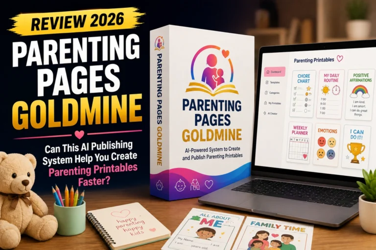 Parenting Pages Goldmine review featuring a parenting content creation system with AI-friendly resources, ready-to-use templates, and monetization strategies for bloggers and affiliate marketers.
