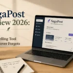 SagaPost review featuring an AI-powered storytelling platform with Story Bible memory, AI writing assistance, world-building tools, and character management for long-form content