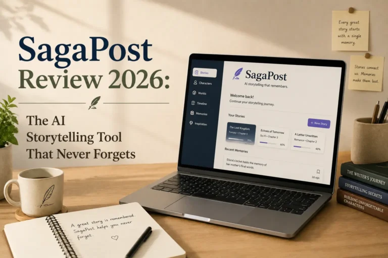 SagaPost review featuring an AI-powered storytelling platform with Story Bible memory, AI writing assistance, world-building tools, and character management for long-form content