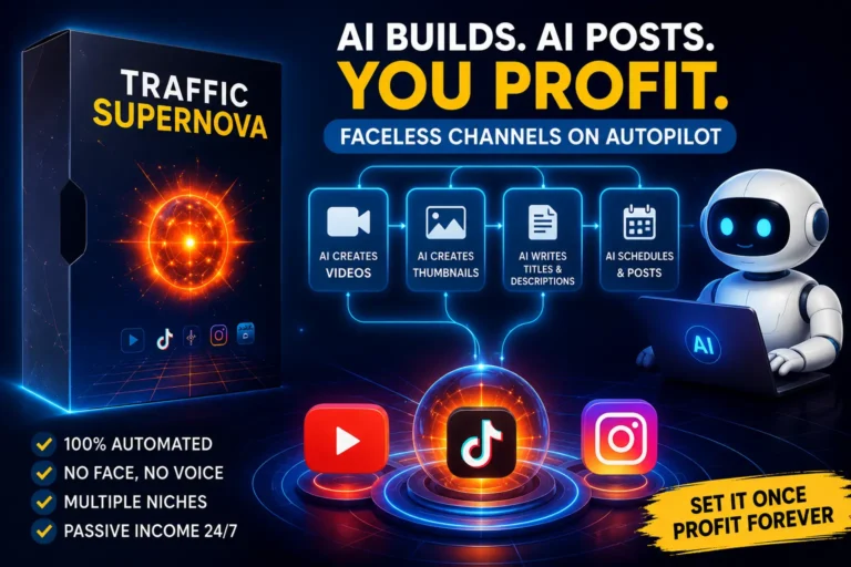 Traffic Supernova AI tool dashboard showing automated faceless YouTube TikTok and Instagram channel creation for passive income