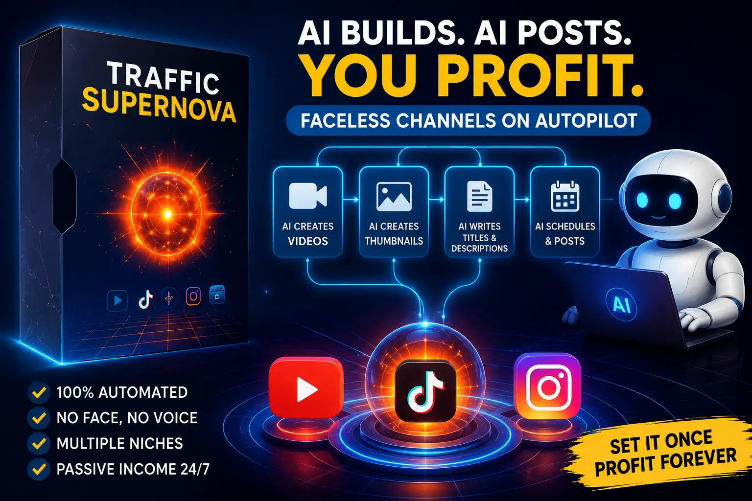 Traffic Supernova AI tool dashboard showing automated faceless YouTube TikTok and Instagram channel creation for passive income