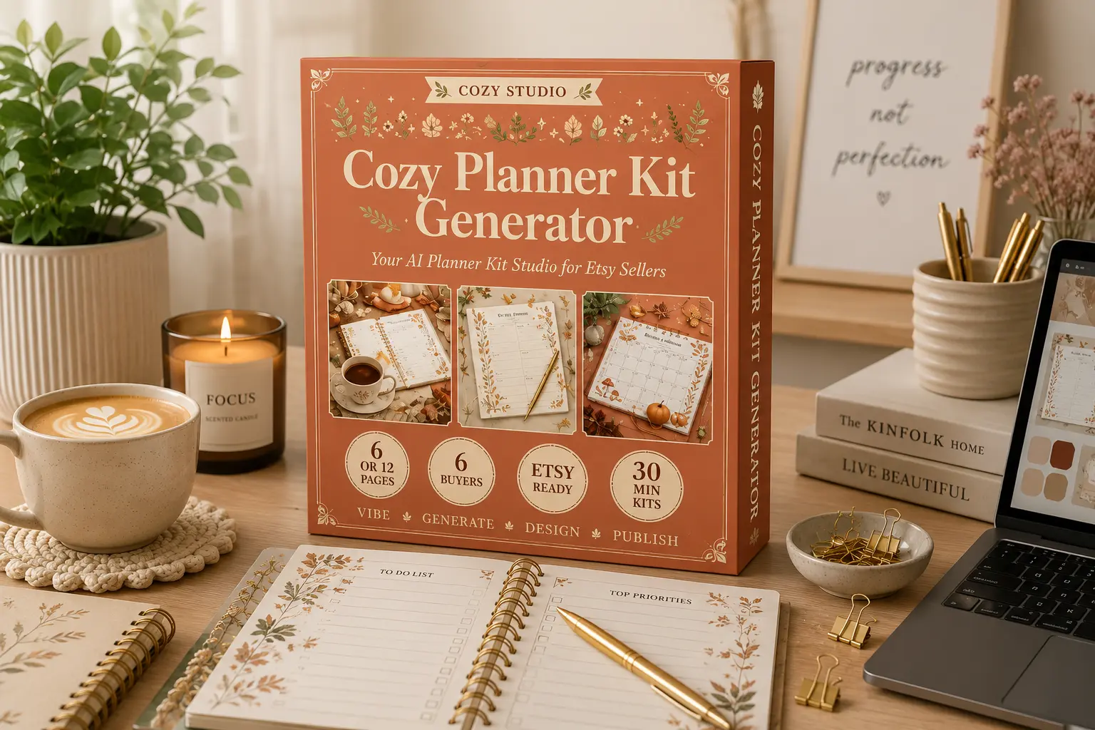 Cozy Planner Kit Generator Review featured image showing an AI-powered planner kit creator for designing printable planners, journals, and Etsy-ready digital products.