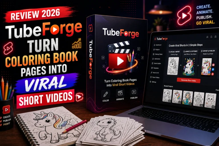 TubeForge AI software review showing how to turn coloring book pages into viral short videos using AI automation.