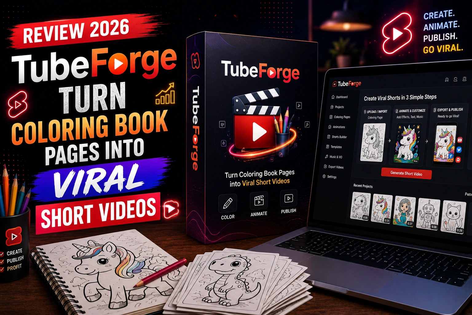 TubeForge AI software review showing how to turn coloring book pages into viral short videos using AI automation.