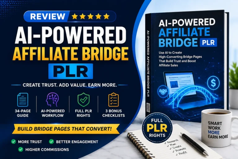 AI-Powered Affiliate Bridges PLR Review 2026's featured image showing ready-to-sell PLR digital products with commercial rights for online business owners.
