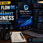 Deal Flow OS software review featuring a business acquisition dashboard, analytics interface, and 3D software box for finding off-market business opportunities.