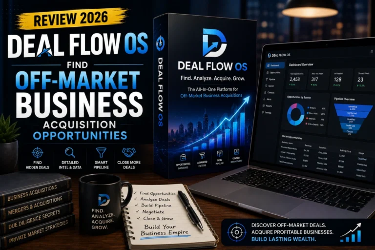 Deal Flow OS software review featuring a business acquisition dashboard, analytics interface, and 3D software box for finding off-market business opportunities.