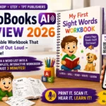 EchoBooks AI Review 2026 featuring an interactive children's workbook with QR code audio learning