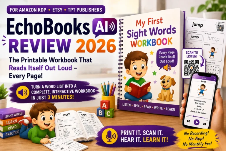 EchoBooks AI Review 2026 featuring an interactive children's workbook with QR code audio learning