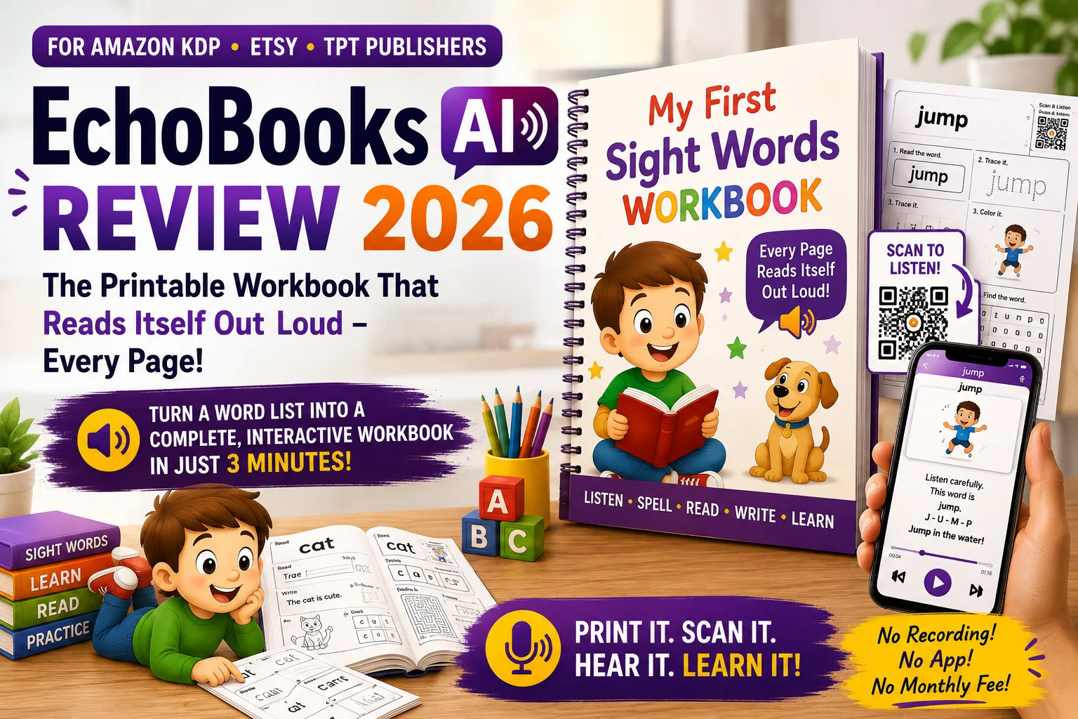 EchoBooks AI Review 2026 featuring an interactive children's workbook with QR code audio learning