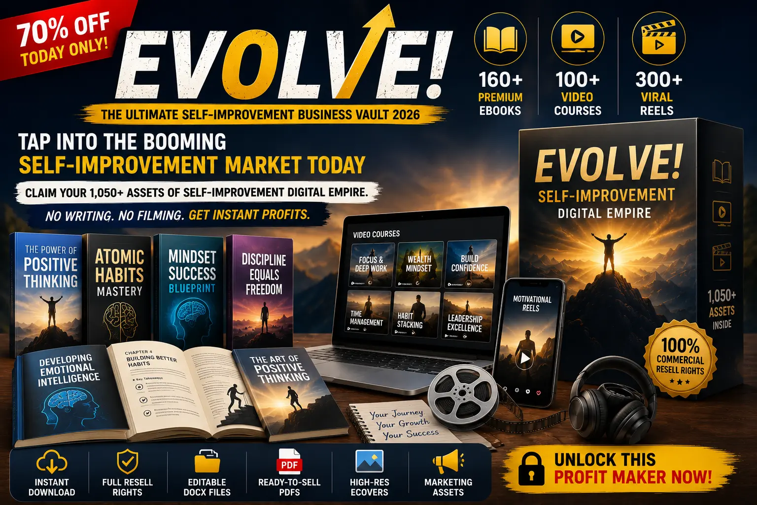 EVOLVE Review 2026 featuring self-improvement ebooks, video courses and motivational digital content