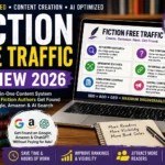 Fiction Free Traffic Review 2026 featuring an SEO and content marketing tool for fiction authors