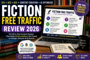 Fiction Free Traffic Review 2026 featuring an SEO and content marketing tool for fiction authors