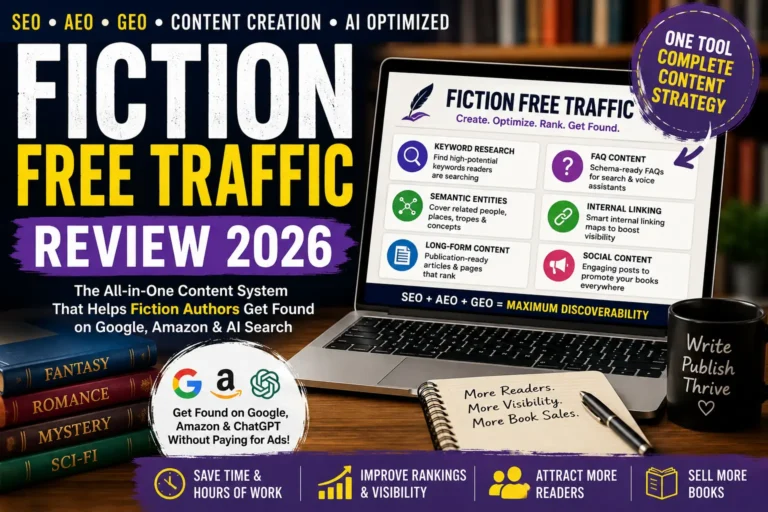 Fiction Free Traffic Review 2026 featuring an SEO and content marketing tool for fiction authors