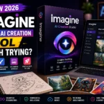Imagine AI Creation Studio software box with AI image generation dashboard featured in the Imagine Review 2026 blog post.