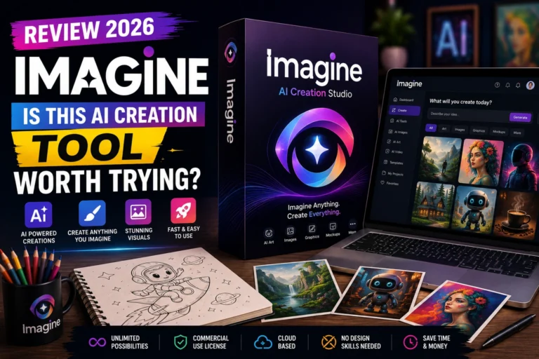 Imagine AI Creation Studio software box with AI image generation dashboard featured in the Imagine Review 2026 blog post.