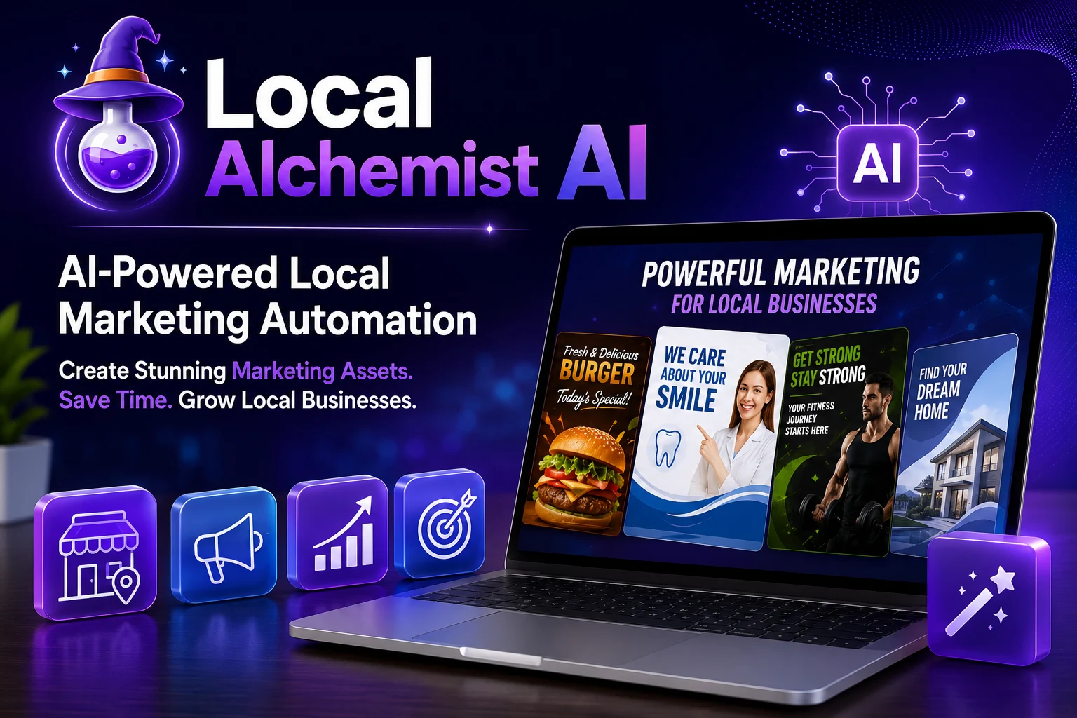 Local Alchemist AI review 2026 featured image showing AI-powered local marketing automation software for creating business marketing assets.