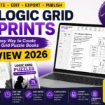 Logic Grid Prints Review 2026 showing a puzzle book creation tool for KDP publishing