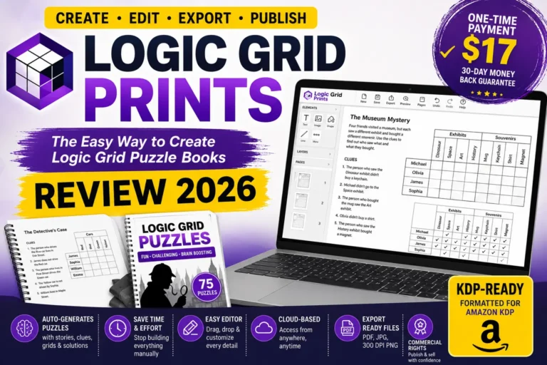 Logic Grid Prints Review 2026 showing a puzzle book creation tool for KDP publishing