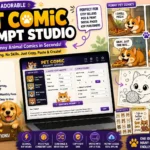 Pet Comic Prompt Studio featuring funny pet comics, AI prompts, colorful animal characters and creative design ideas