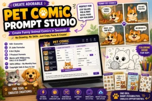 Pet Comic Prompt Studio featuring funny pet comics, AI prompts, colorful animal characters and creative design ideas