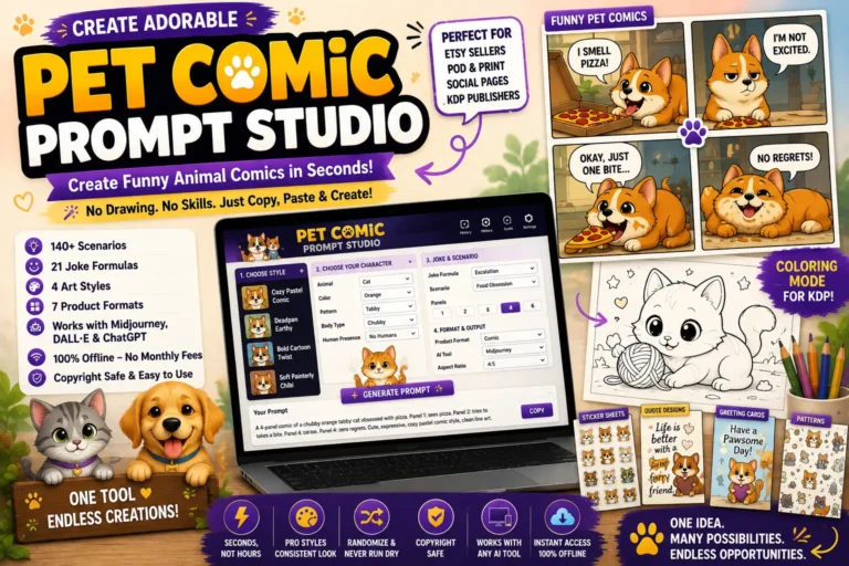 Pet Comic Prompt Studio featuring funny pet comics, AI prompts, colorful animal characters and creative design ideas