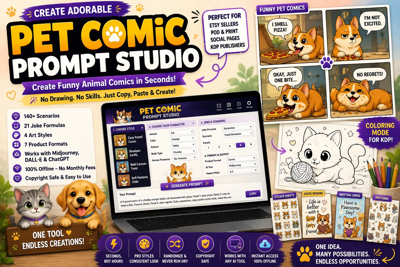 Pet Comic Prompt Studio featuring funny pet comics, AI prompts, colorful animal characters and creative design ideas