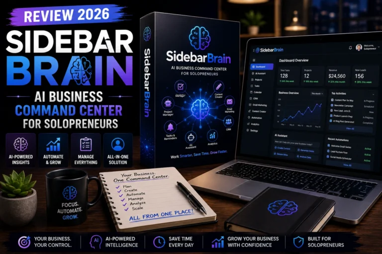 SidebarBrain AI Business Command Center dashboard with a 3D software box and business automation interface featured in the SidebarBrain Review 2026.