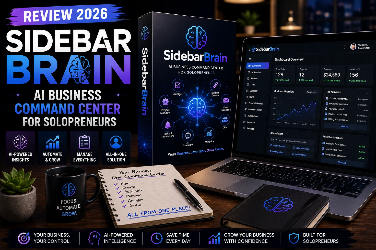 SidebarBrain AI Business Command Center dashboard with a 3D software box and business automation interface featured in the SidebarBrain Review 2026.