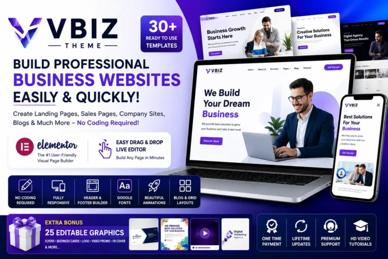 VBIZ Theme WordPress business website builder with Elementor drag and drop editor