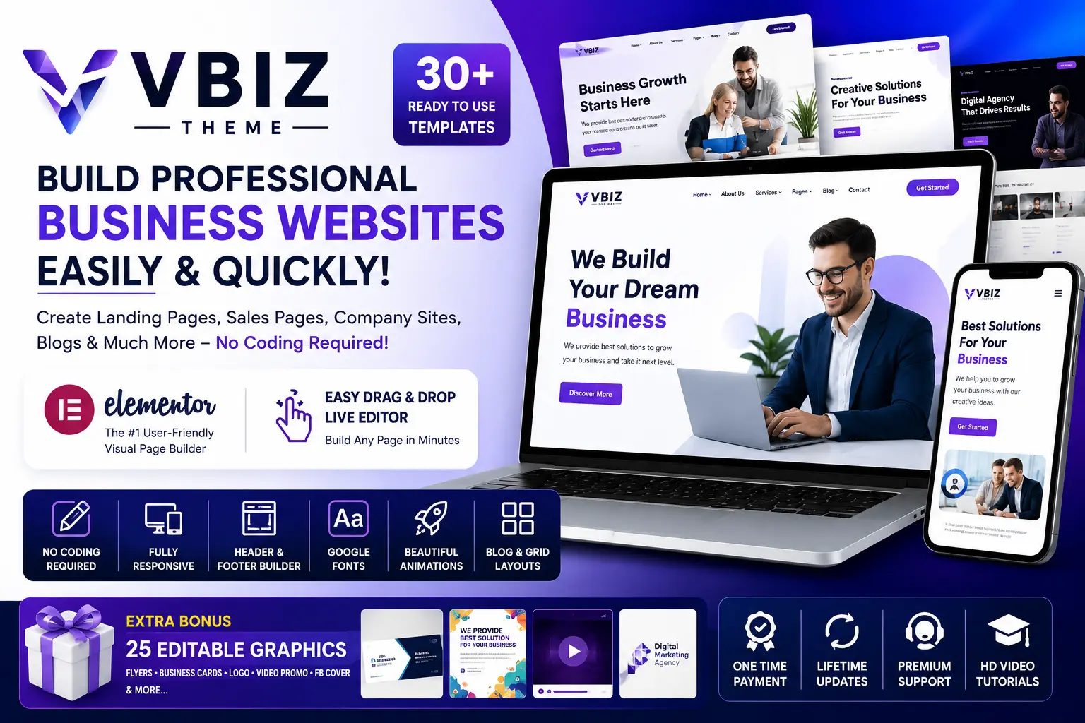 VBIZ Theme WordPress business website builder with Elementor drag and drop editor
