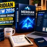 Meridian KDP Data Book Engine software box and dashboard featured in a 2026 review for KDP book publishing.
